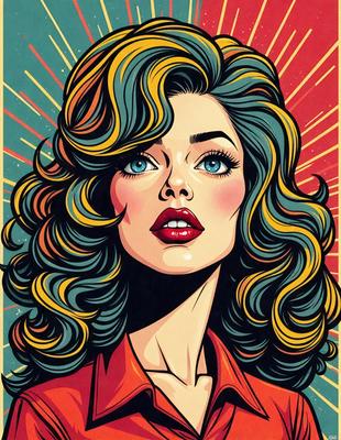 The primary subject of the image is a woman with blonde hair, wearing a red shirt. She is looking at the camera with a confident expression. The setting is a colorful background, which adds a vibrant and lively atmosphere to the scene. The visual style is a combination of digital art and illustration, creating a unique and eye-catching image. The colors and mood convey a sense of energy and positivity.
